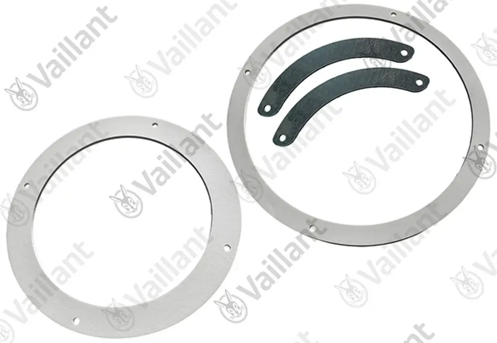 Zwei runde Metallbefestigungsringe von Vaillant, einer mit glatter Oberfläche und der andere mit zwei gebogenen Halterungen.